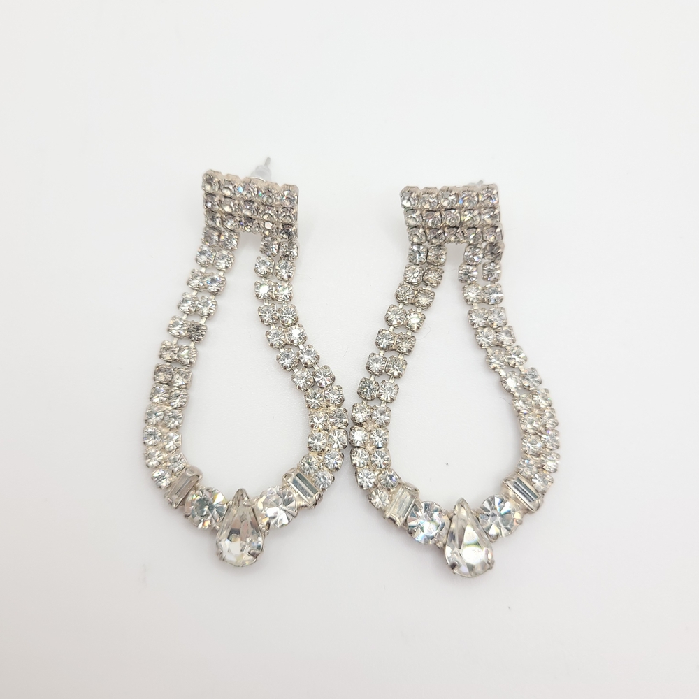 Silver Crystal Drop Earrings - Vintage Prom Wedding